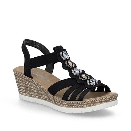 Czarne sandały na koturnie T-bary Rieker 619B2-00