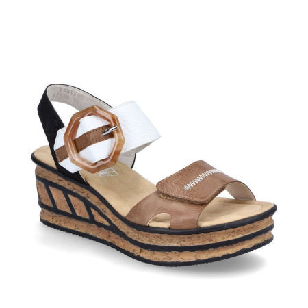 Biało brązowe sandały damskie na koturnie Rieker 68176-64