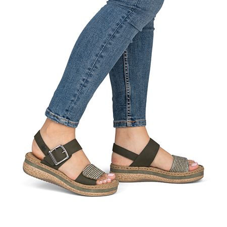 Zielone sandały damskie na platformie Rieker V0951-54